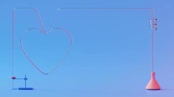 reageerbuis en lamp en hartvorm glazen buis op blauwe achtergrond. hartvorm voor banner en logo. wetenschappelijk experiment concept, 3d render foto