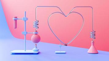 reageerbuis en lamp en hartvorm glazen buis op violette en magenta achtergrond. hartvorm voor banner en logo. wetenschappelijk experiment concept, 3d render foto