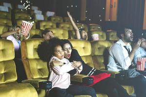 familie in het theater zie film. moeder heeft knuffel dochter en opgewonden. foto