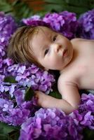 portret van een schattig klein meisje. baby ligt in de kleuren van paarse hortensia foto