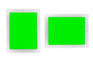tablet met een leeg scherm, kopieer ruimte op een witte achtergrond voor mockup zakelijke marketing. foto