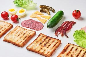 sandwich ingrediënten op een witte achtergrond, bovenaanzicht foto