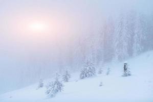 mist in de winterbergen. fantastische zonsondergang. foto