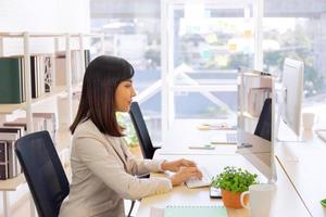 Aziatische zakenvrouwen zitten en werken op kantoor met toewijding, vastberadenheid