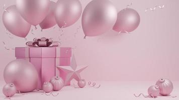 vakantie kerstmis en gelukkig nieuwjaar pastel roze kleur achtergrond met een geschenkdoos en ballon., 3D-model en illustratie. foto