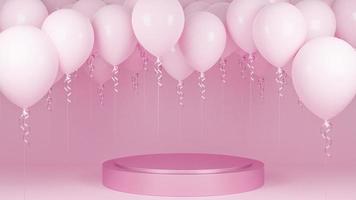 roze ballonnen drijvend met podium op roze pastel achtergrond., verjaardagsfeestje en nieuwjaar concept., 3D-model en illustratie. foto