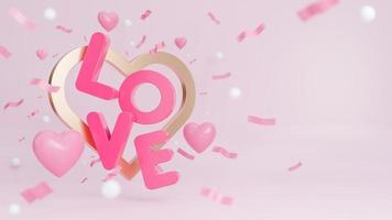 happy valentine day banner met veel harten en liefde tekst op roze achtergrond., 3D-model en illustratie. foto