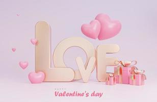 Happy Valentine Day banner met tekst liefde 3D-objecten op roze achtergrond., 3D-model en illustratie. foto