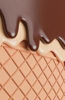 chocolade en vanille-ijs gesmolten op wafel achtergrond., 3D-model en illustratie. foto