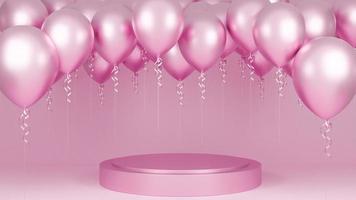 roze ballonnen drijvend met podium op roze pastel achtergrond., verjaardagsfeestje en nieuwjaar concept., 3D-model en illustratie. foto