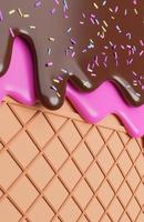 chocolade en aardbeiroomijs gesmolten met hagelslag op wafelachtergrond, 3D-model en illustratie. foto