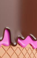 chocolade en aardbeiroomijs gesmolten op wafelachtergrond, 3D-model en illustratie. foto