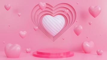 happy Valentijnsdag papier stijl met podium voor productpresentatie en harten 3D-objecten op roze achtergrond., 3D-model en illustratie. foto