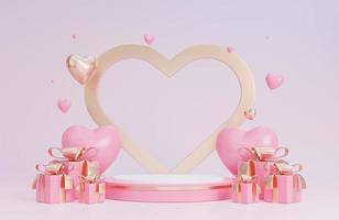 Happy Valentine Day banner met podium voor productpresentatie en harten 3D-objecten op roze achtergrond., 3D-model en illustratie. foto