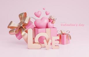 happy Valentijnsdag banner met 3D-harten, geschenkdoos en romantische Valentijn decoraties op roze achtergrond., 3D-model en illustratie. foto