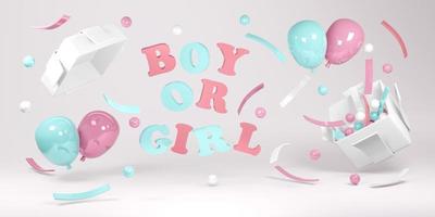 3D-rendering concept van gender reveal. realistische blauwe en roze pastel ballonnen en confetti drijvend uit geschenkdoos met tekst gelukkige verjaardag achtergrond. 3D render. 3d illustratie foto