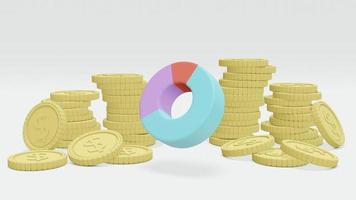 3d teruggevend concept financiële planning of geldinvestering. stapel munten en een cirkeldiagram op witte achtergrond. 3D render. 3D illustratie. foto