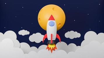 raket vliegen over wolk ga naar de maan op galaxy background.business startup concept.3d model en illustratie. foto