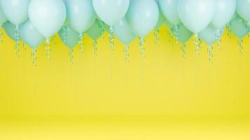 blauwe ballonnen drijvend in gele pastel achtergrond. verjaardagsfeestje en nieuwjaar concept. 3D-model en illustratie. foto