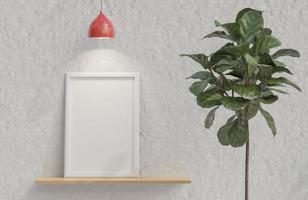 witte fotolijst op houten plank op witte bakstenen muur minimalistische stijl als achtergrond met plant en rood plafondlicht. 3D-model en illustratie. foto