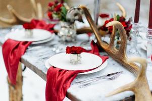 winter bruiloft decor met rode rozen foto