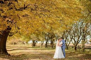 jonge mooie paar knuffelen in hun trouwjurken in herfst park. foto