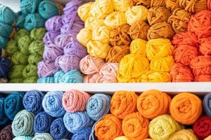 bolletjes wol in verschillende kleuren. close-up zicht op wollen breiballen in verschillende kleuren. foto