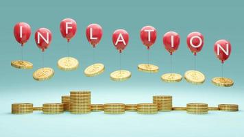 3D-rendering concept van financiële inflatie. stapel munten ballonnen met tekst inflatie die munten in de lucht op de achtergrond opneemt. 3D render. 3D illustratie. foto