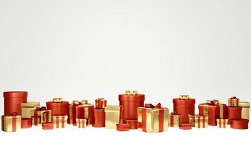3D-rendering concept van cadeau. horizontale weergave van set rode en gouden geschenken banner dozen met strik en linten op donkere achtergrond voor commercieel ontwerp. 3D render. 3D illustratie.