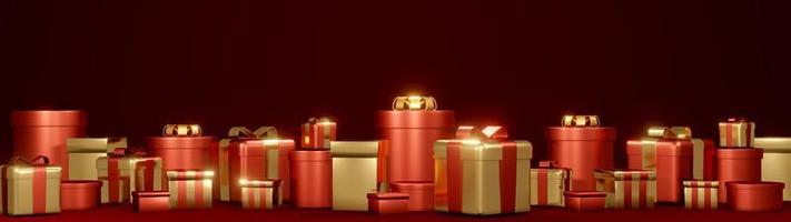 3D-rendering concept van cadeau. horizontale weergave van set rode en gouden geschenken banner dozen met strik en linten op donkere achtergrond voor commercieel ontwerp. 3D render. 3D illustratie.