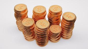 3D-rendering concept van schatkist, geld, financieel. gouden munten stapels op witte achtergrond. 3D render. 3D illustratie. hoogte uitzicht. foto