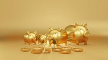 3D-rendering concept van gouden spaarvarken, goud, gouden munten, presenteert op gele achtergrond. 3D render. foto