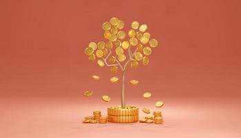 3D-rendering concept van investeringen. een geldboom met munt vallen op stapel munten op de achtergrond. 3D render. 3D illustratie. foto