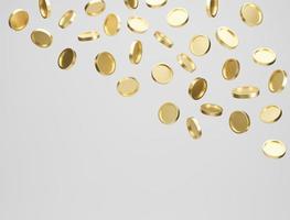gouden munten vallen of vliegen op een witte achtergrond. jackpot of casino zak concept. 3D-rendering. foto