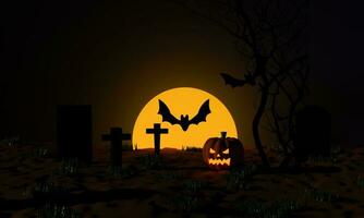Halloween-pompoenen met een begraafplaats en vliegende vleermuis bij maanlicht griezelige nacht. trick or treat-feestje. 3D-rendering foto