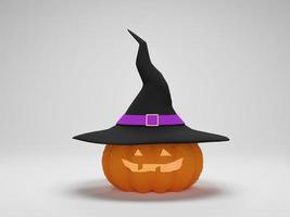 3D-rendering. Halloween-pompoen die een heksenhoed op witte achtergrond draagt. gelukkige halloween-achtergrond foto