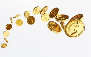 isolatie van Amerikaanse dollar gouden munten vliegen op een witte achtergrond voor investeringen en depositobesparing concept door 3d render. foto