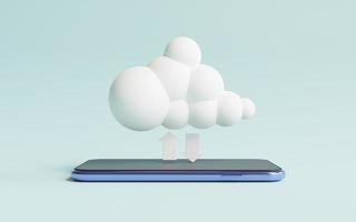 virtuele witte cloud computing op mobiele telefoon met pijl voor het delen van informatiegegevens door upload en download pass via cloud computing-systeemconcept. foto