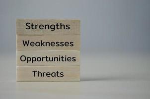 houten kubus blok tekst swot sterke punten zwakke punten kansen bedreigingen op table.business marketingconcept. foto