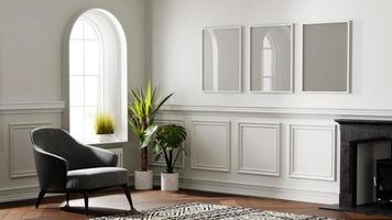 fotolijstmodel in witte luxe woonkamer met open haard en bank. 3D-rendering foto