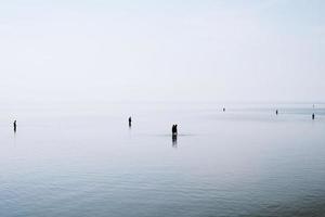 silhouetten van mensen die door ondiep water lopen en waden foto