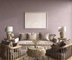 scandi-boho interieur met houten meubilair. posterframe mockup in paarse woonkamer. lege muur achtergrond. 3D render illustratie. foto