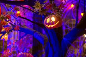 hunkerde pompoenkop jack lantaarn is verlicht en versierd met eng thema in halloween nacht vakantie. foto