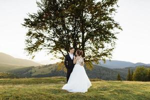mooie bruid en bruidegom in de bergen foto