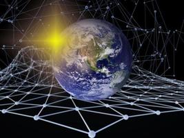 3D-blockchain stadsgezicht, concept stadsnetwerk, aarde afbeelding geleverd door nasa.elements van deze afbeelding geleverd door nasa foto