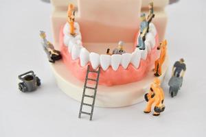 miniatuurmensen om een tand of een kleine figuur te repareren die tandmodel schoonmaakt als medisch en gezondheidszorg. foto