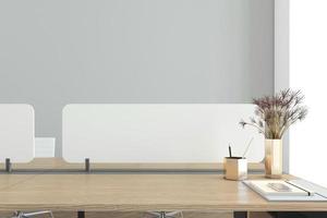 werkruimte met minimalistisch bureau en houten blad, grijze muur, 3D-rendering. foto