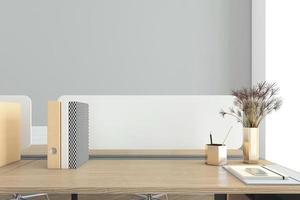 werkruimte met minimalistisch bureau en houten blad, grijze muur, 3D-rendering. foto