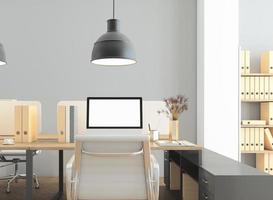 kantoorruimte met bureau en minimalistische pc, hanglamp, grijze muur en houten vloer. 3D-rendering