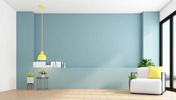 minimalistische stijl lege kamer met fauteuil en bijzettafel. lichtblauwe muur en houten vloer. 3D-rendering foto